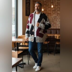 VTG Greg Adams Red Black Cross Gray Mohair Cardigan Sweater Men’s M